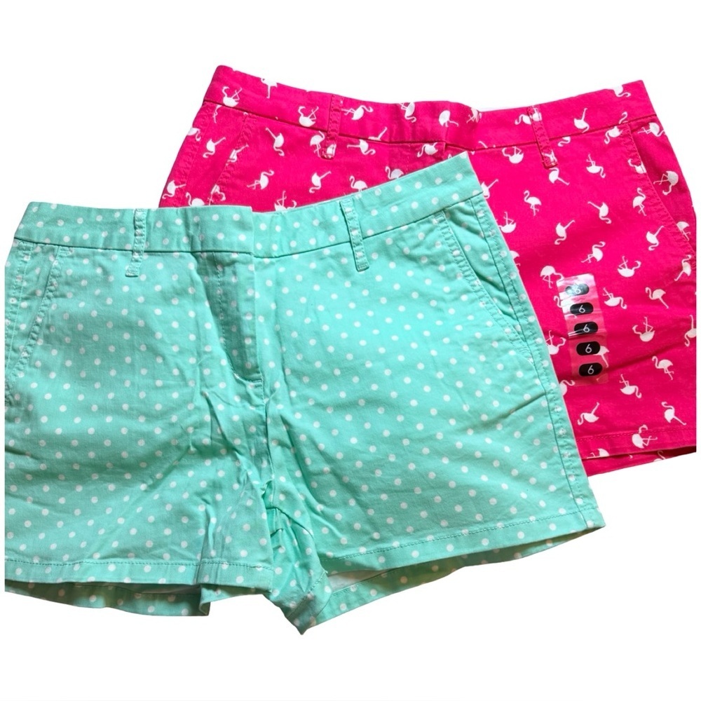 2-Mid-Rise Summer Shorts Sz 6 — Flamingo & Polka Dot Prints (1 NWT)
